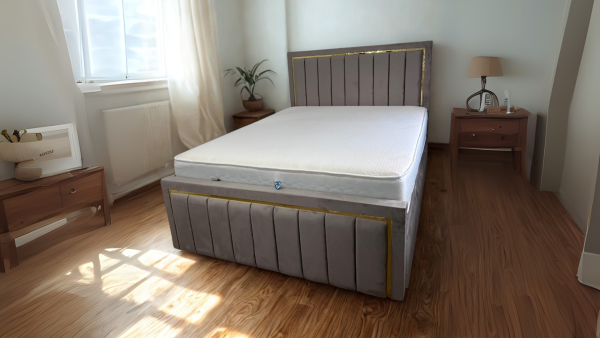 Upholstered bed with stylish Gold Strip Frame
